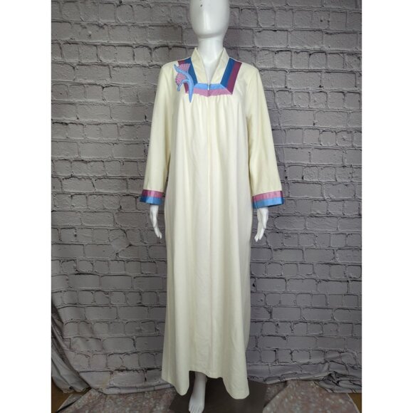Vintage Vanity Fair Petites Womens Large 14 16 Ivory Housecoat Dress Floral Trim - Picture 4 of 11